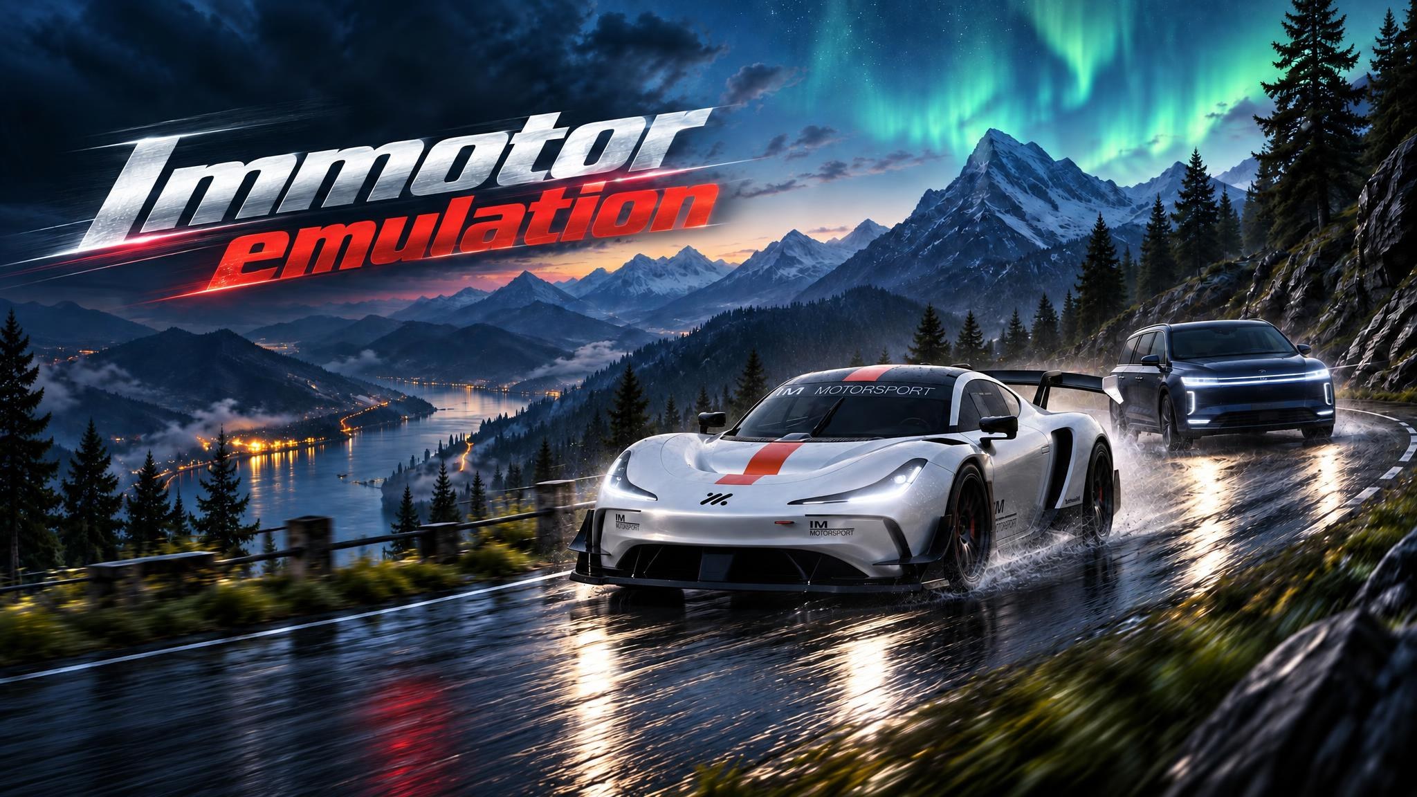 Immotor emulation: racing cars beneath an aurora and snowy mountains